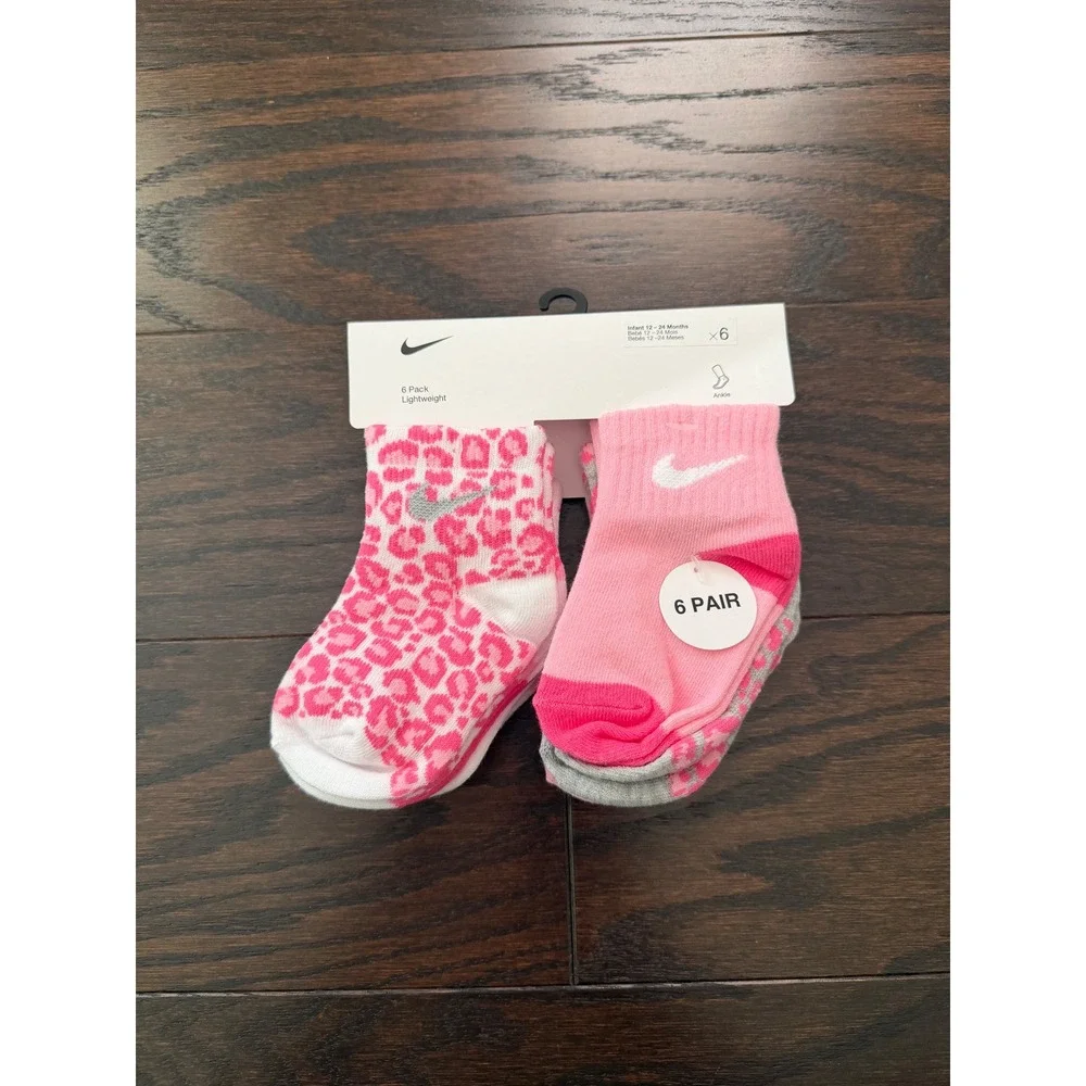 Nike Infant Girls 6 Pack Ankle Socks Pink Leopard Print 12-24 Months NN0662-AA7